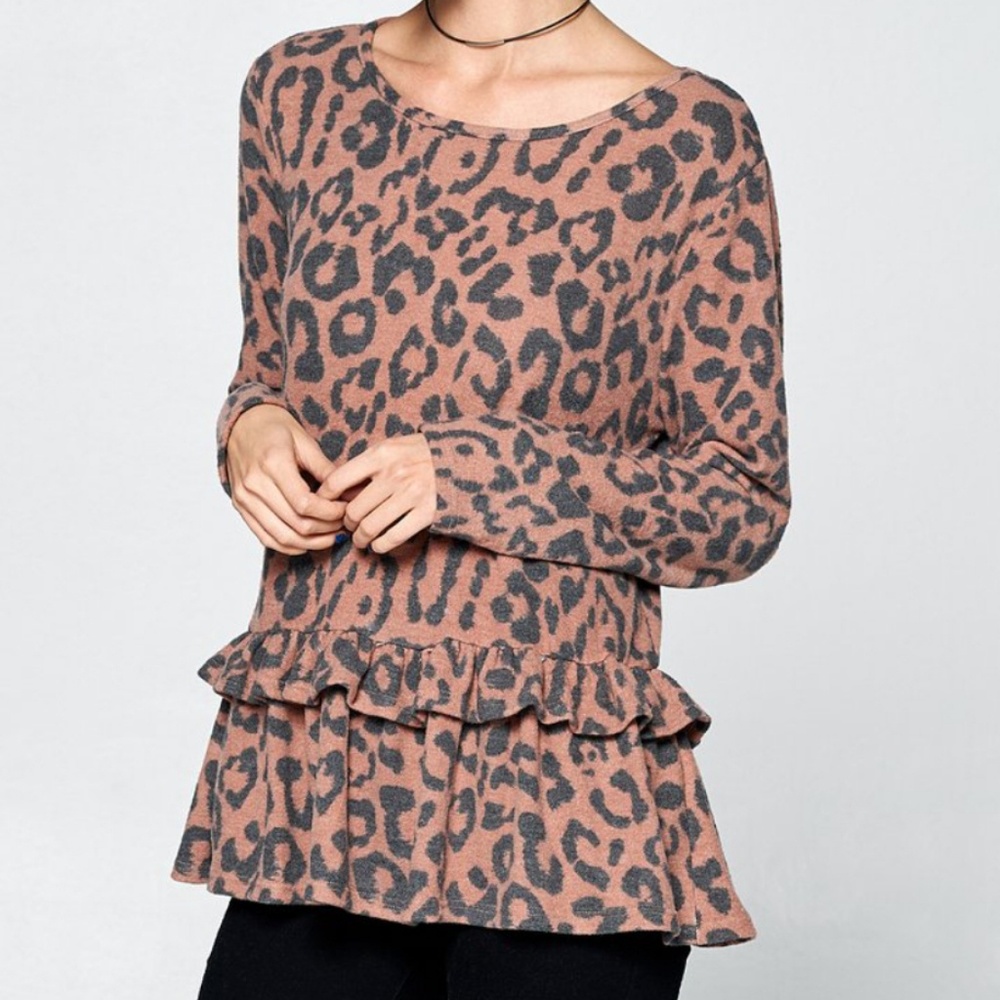 Pink & Leopard Ruffled Hem Longsleeve Top
